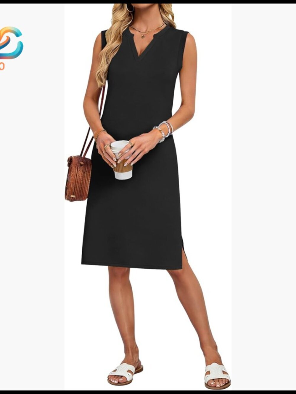 Sleeveless V-Neck Knee Length Dress with Pockets, Straight-Cut Sundress